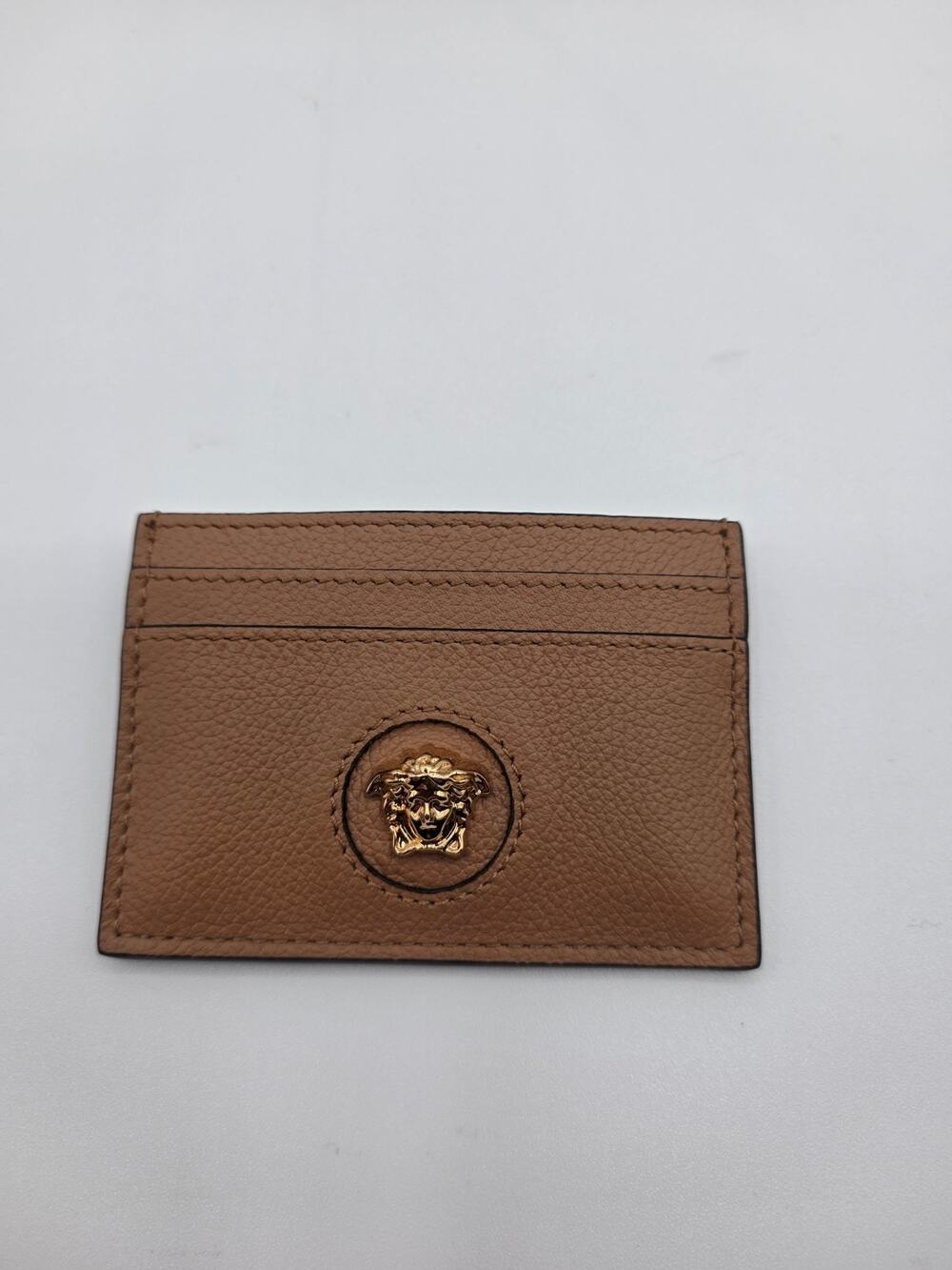 Versace Medusa Leather Card Holder Wallet Beige Camel Gold Logo w Box Dust Bag